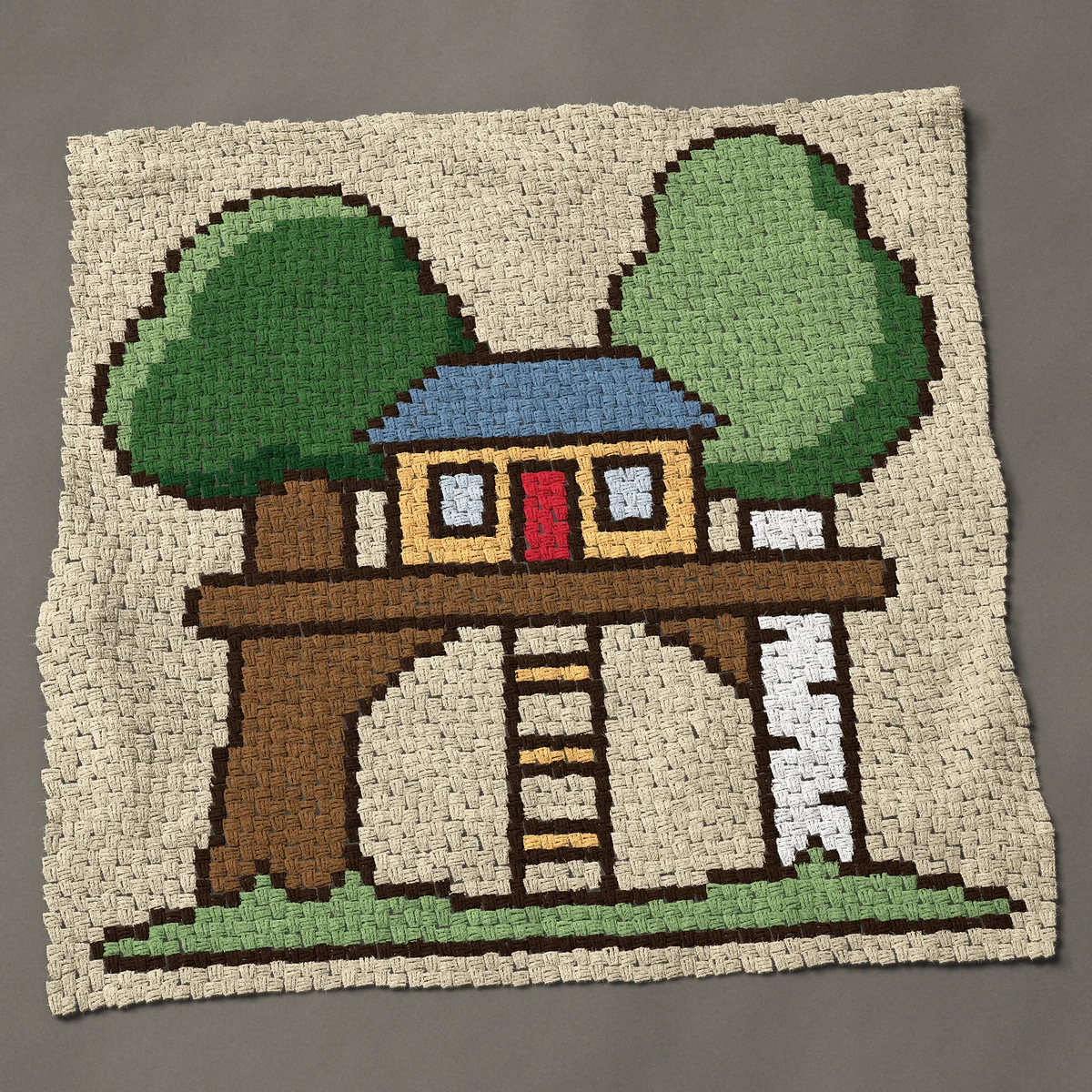 A throw worked corner to corner, 50 by 51 inches: Treehouse between two trees with a ladder, 67 by 68 blocks