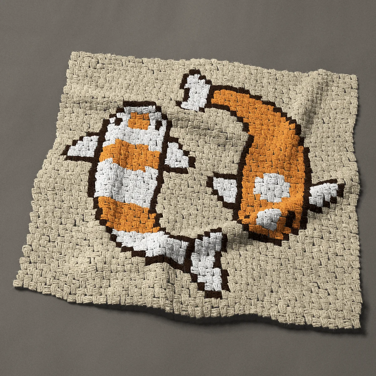 A panel worked corner to corner, 36 by 35¼ inches: Two koi fish circling, orange and white, from above, 48 by 47 blocks