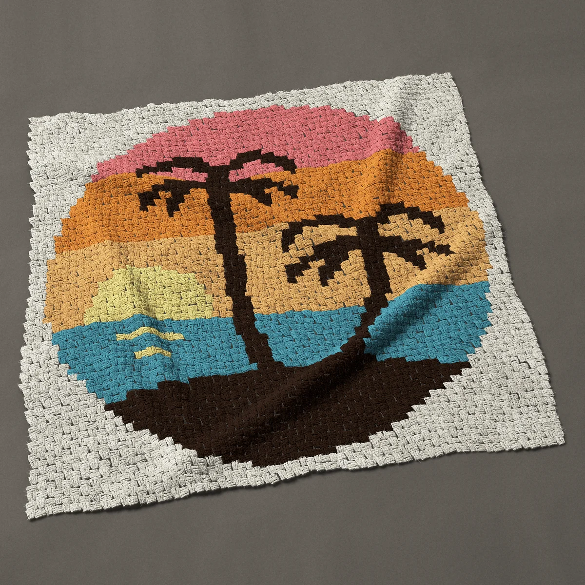 A panel worked corner to corner, 48½ by 48½ inches: Two palm trees at sunset in a circle, 65 by 65 blocks