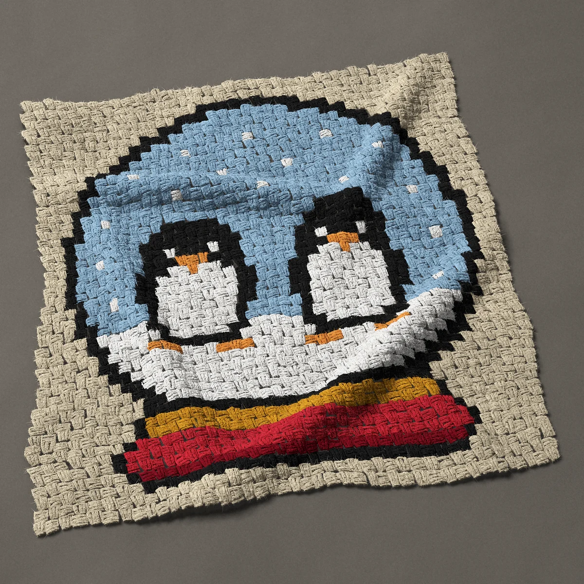 A panel worked corner to corner, 32¼ by 35¼ inches: Two penguins in a snow globe with falling snow, 43 by 47 blocks