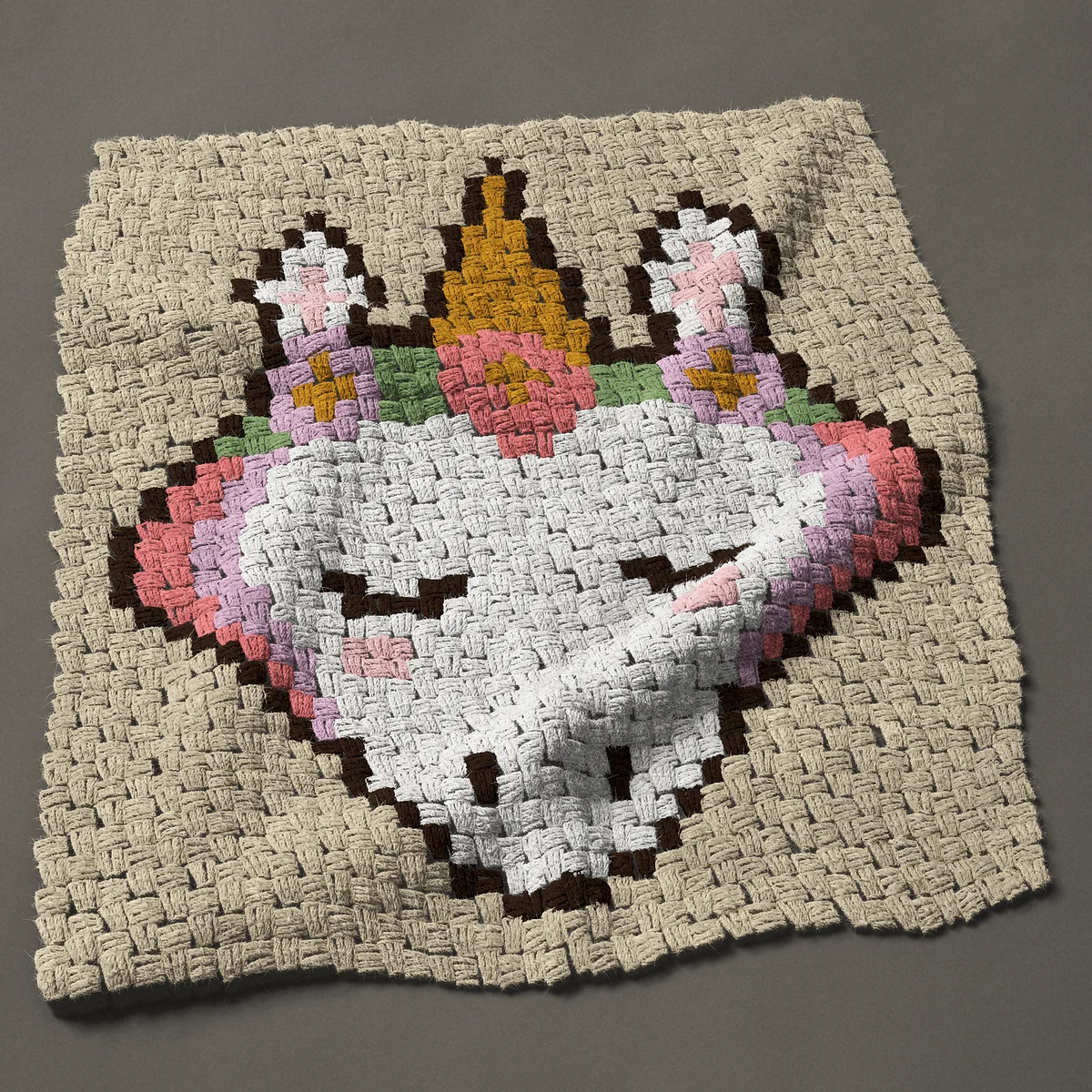 A panel worked corner to corner, 29¼ by 33 inches: Unicorn face with a flower crown and closed eyes, 39 by 44 blocks