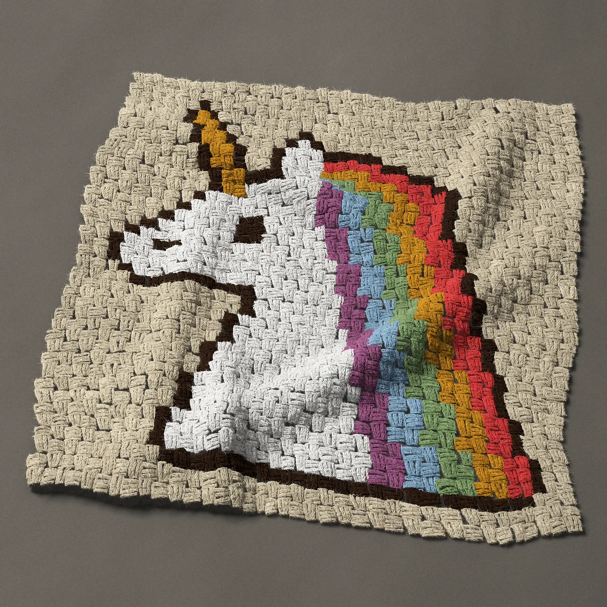 A panel worked corner to corner, 27¾ by 29¼ inches: Unicorn head with a rainbow mane and a gold horn, 37 by 39 blocks