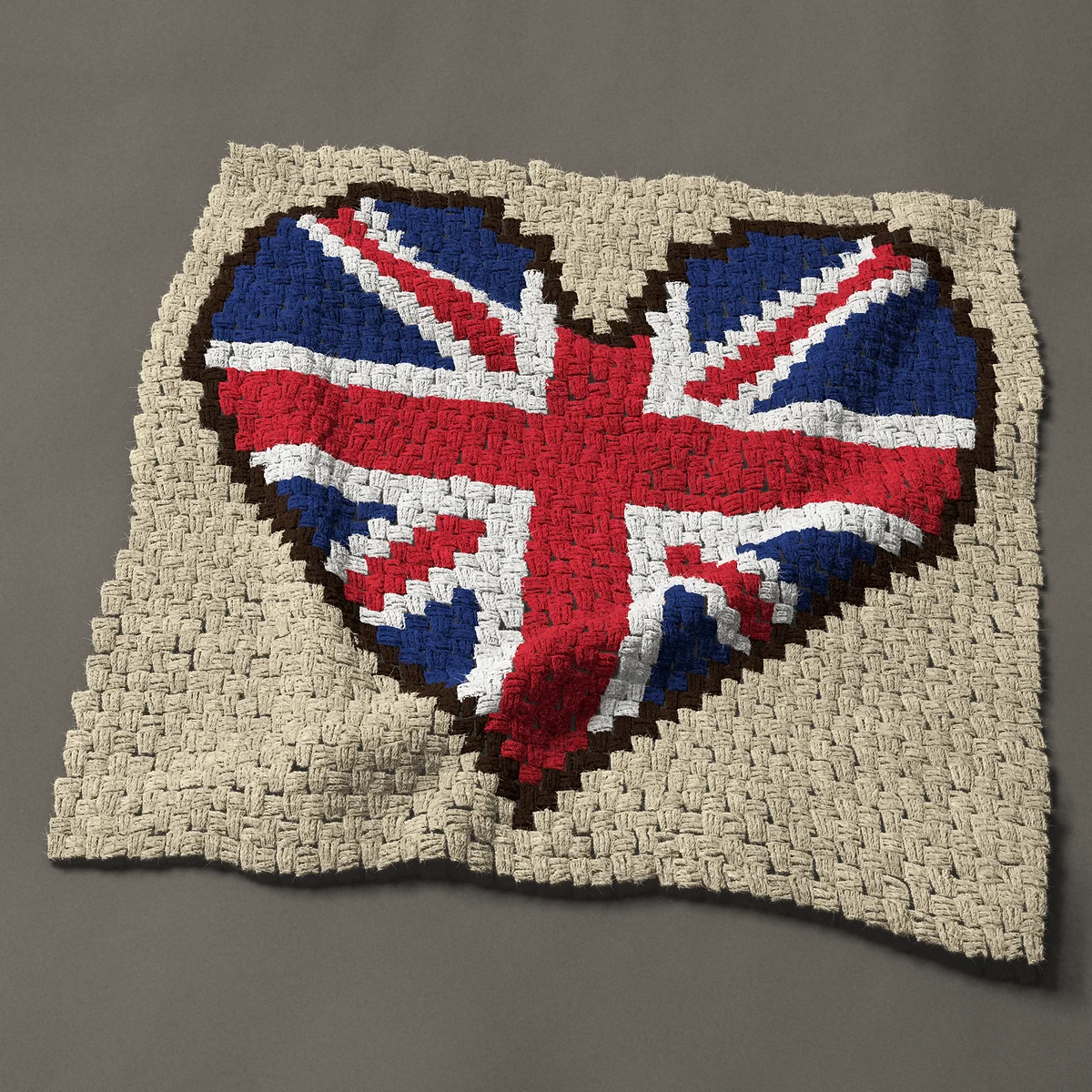 A panel worked corner to corner, 35¼ by 33¾ inches: Union Jack heart, the British flag in a heart, 47 by 45 blocks