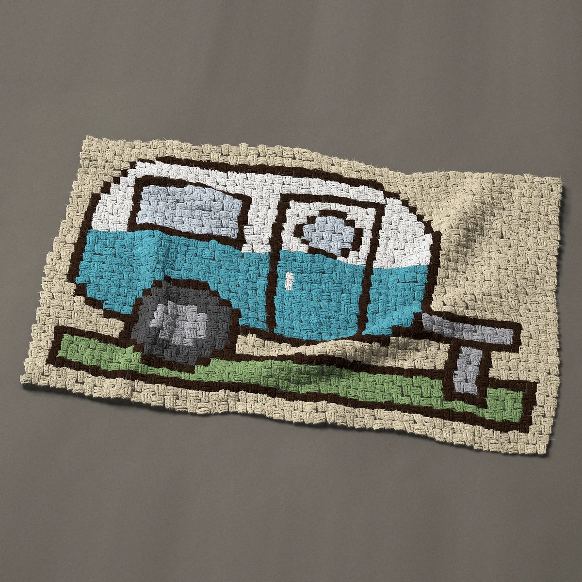 A baby blanket worked corner to corner, 40½ by 25½ inches: Vintage camper travel trailer in turquoise and white, 54 by 34 blocks