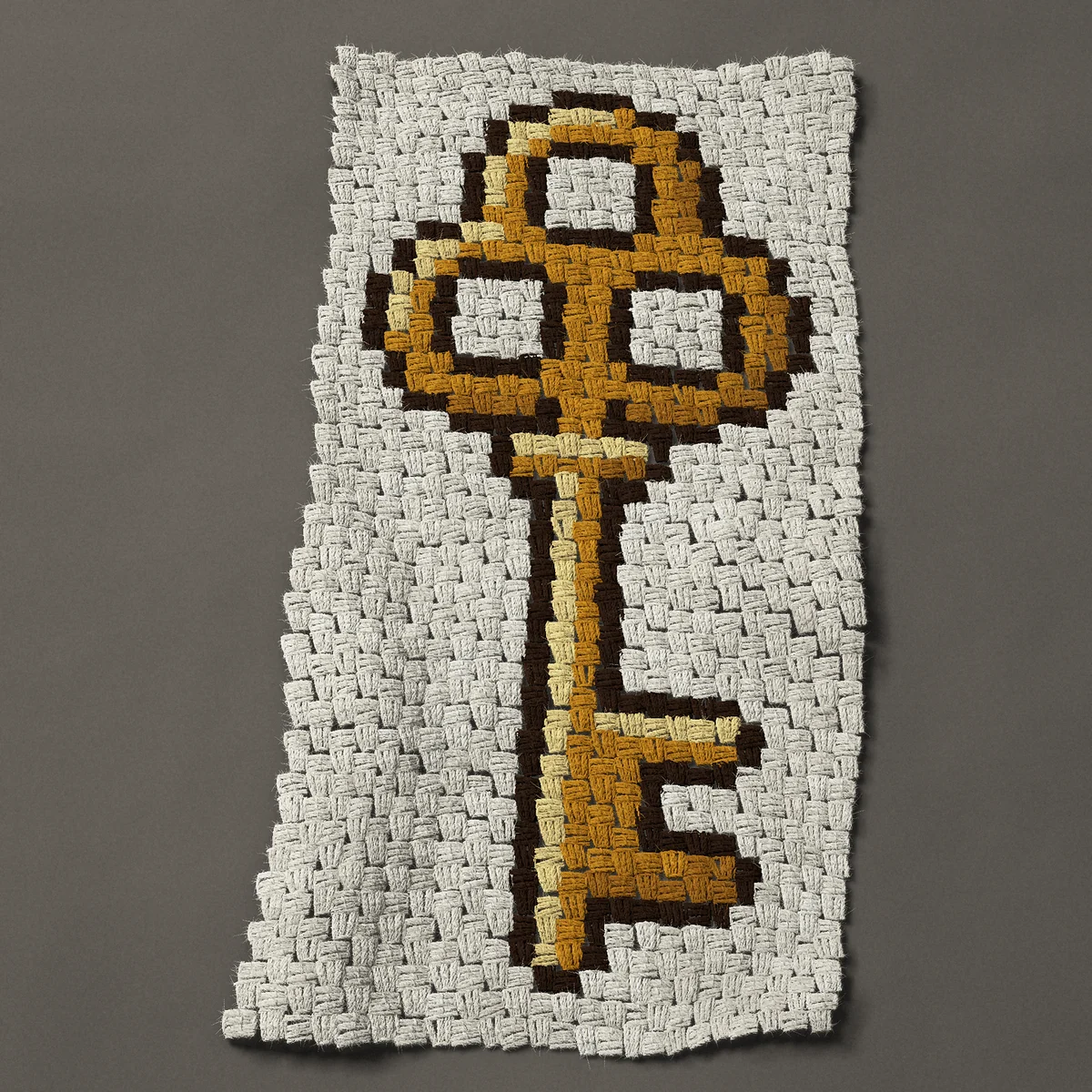 A panel worked corner to corner, 18 by 36 inches: Vintage gold skeleton key with a three-loop head, 24 by 48 blocks
