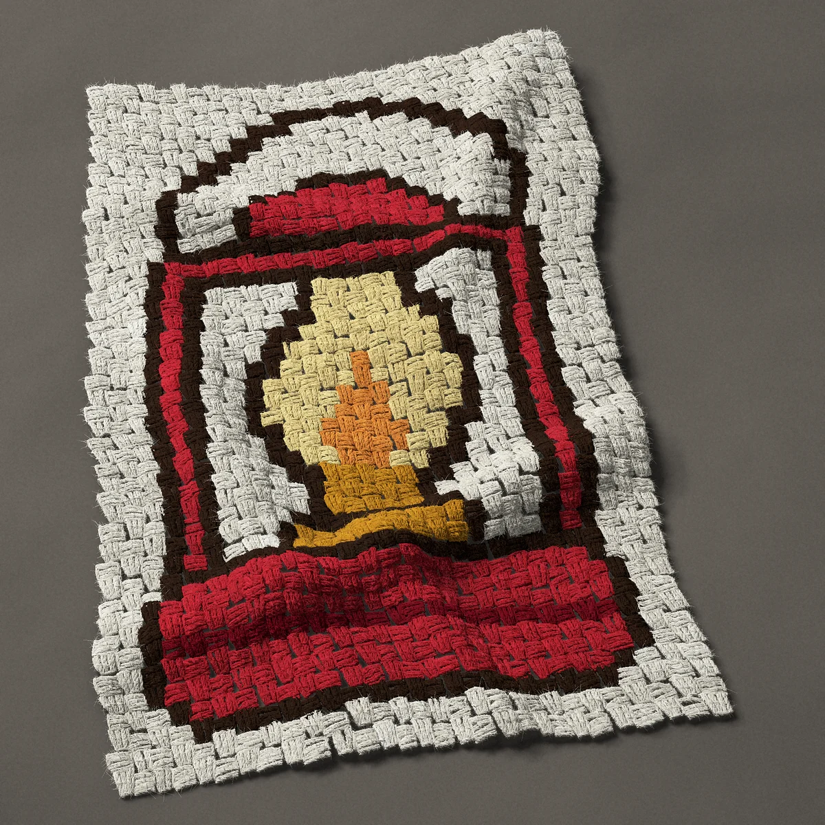 A panel worked corner to corner, 21¾ by 34½ inches: Vintage red oil lantern with a lit flame, 29 by 46 blocks