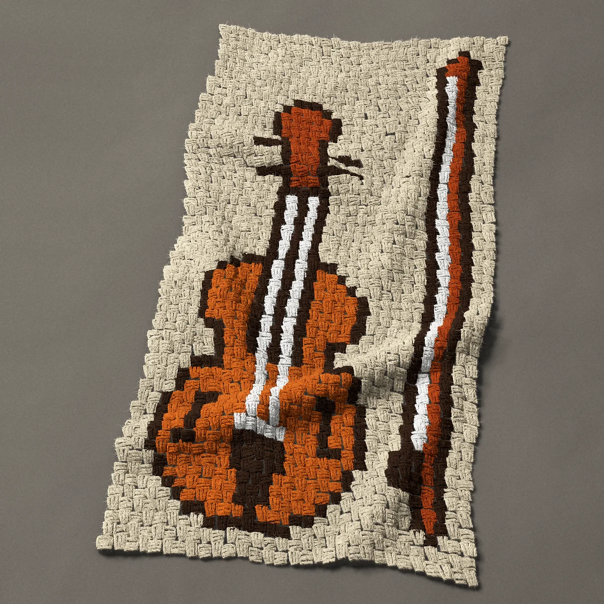 A panel worked corner to corner, 22½ by 44 inches: Violin with its bow, standing upright, 30 by 59 blocks