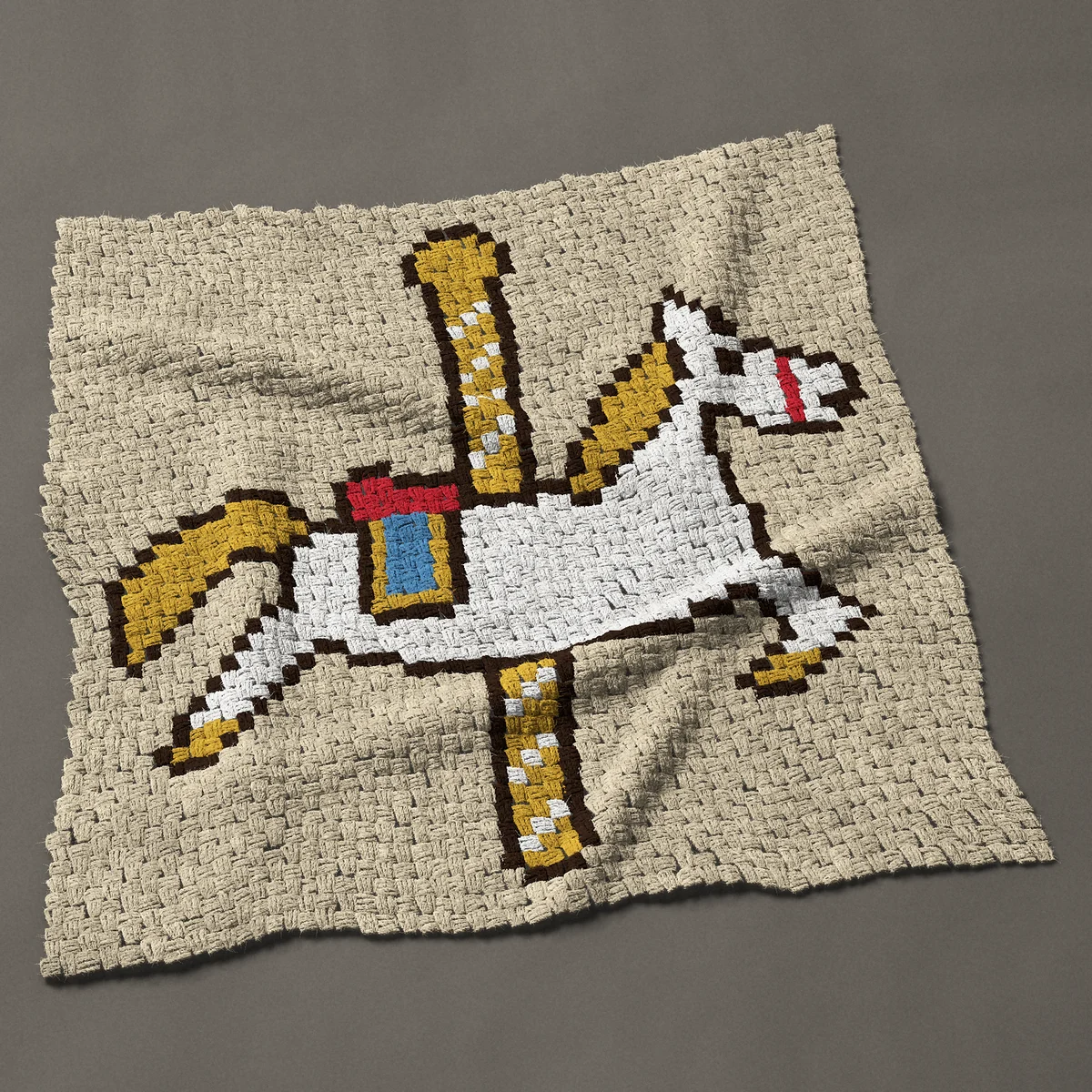 A baby blanket worked corner to corner, 40½ by 41 inches: White carousel horse on a twisted gold pole, 54 by 55 blocks