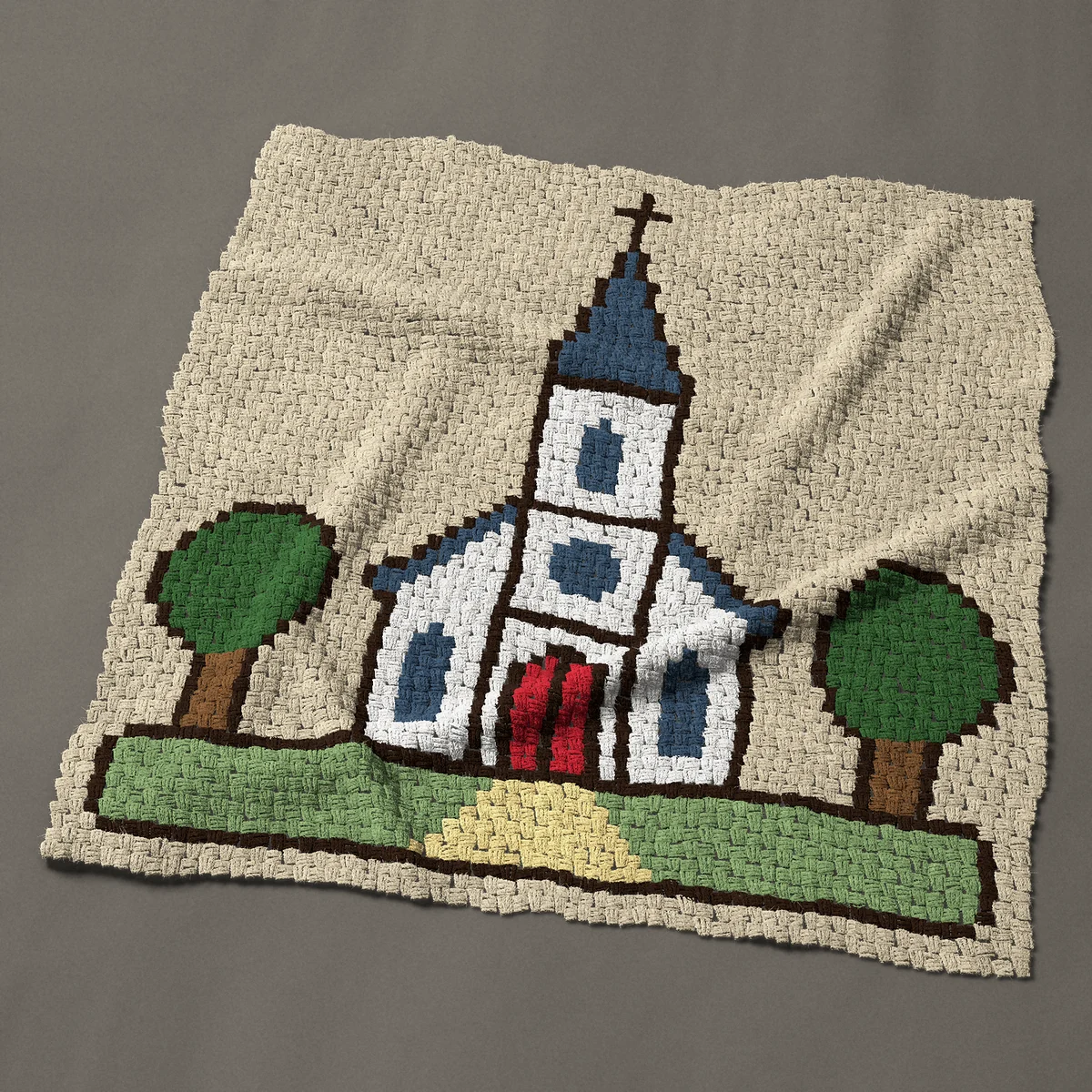 A panel worked corner to corner, 48½ by 51 inches: White country church with a steeple and two trees, 65 by 68 blocks