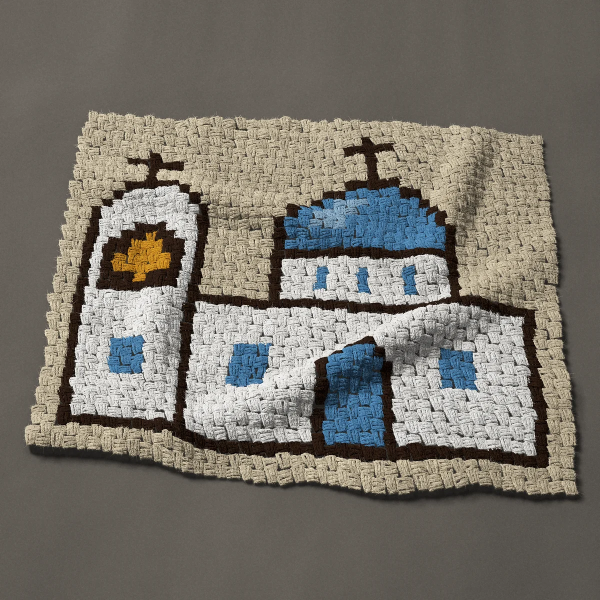 A panel worked corner to corner, 33¾ by 29¼ inches: White Greek island church with blue dome and bell tower, 45 by 39 blocks
