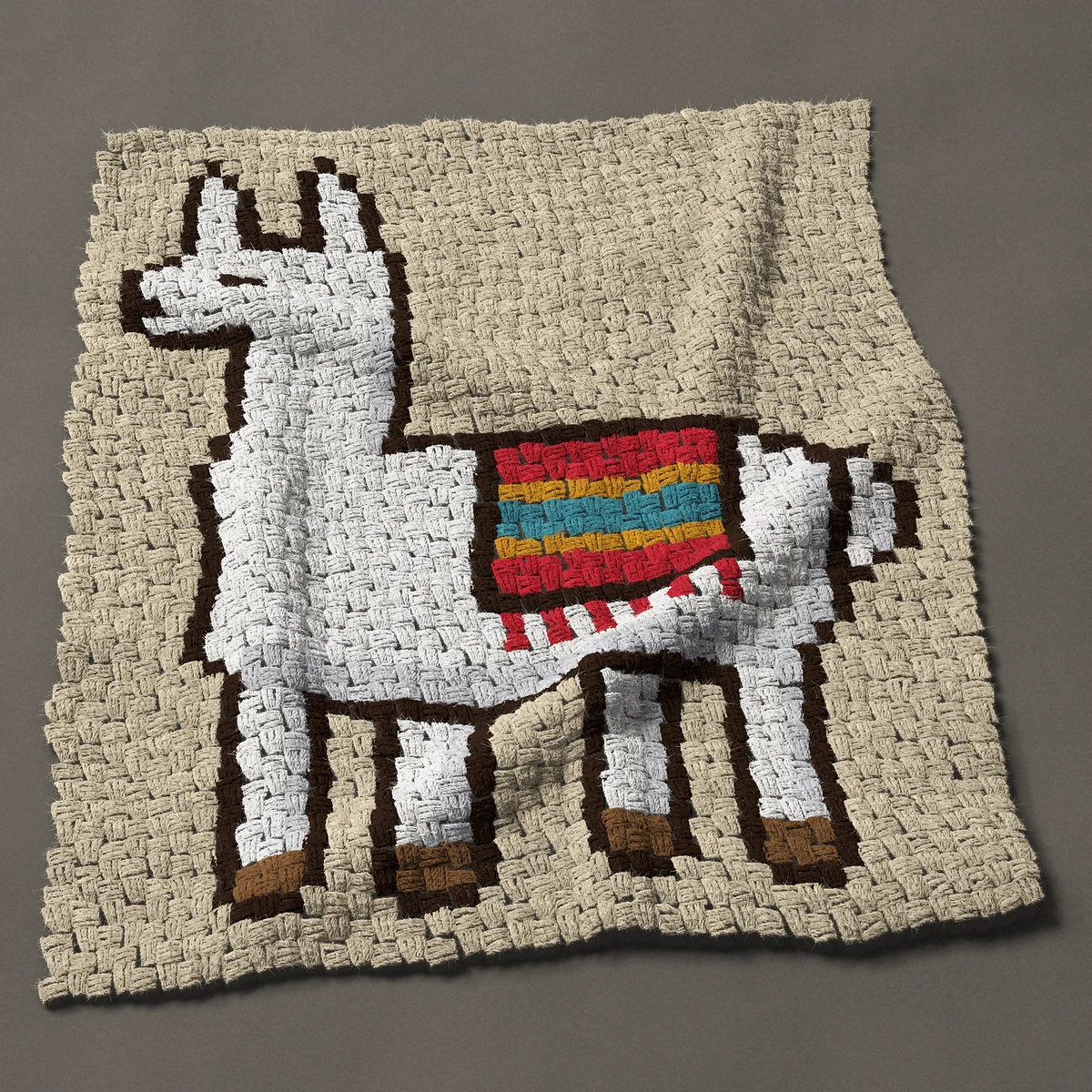 A baby blanket worked corner to corner, 31½ by 37½ inches: White llama in a striped blanket with a red fringe, 42 by 50 blocks