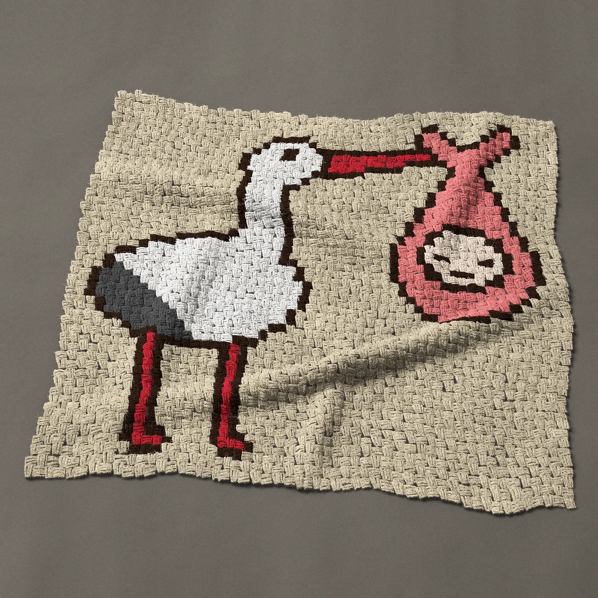 A baby blanket worked corner to corner, 39½ by 38 inches: Stork carrying a baby in a pink bundle for a baby girl, 53 by 51 blocks