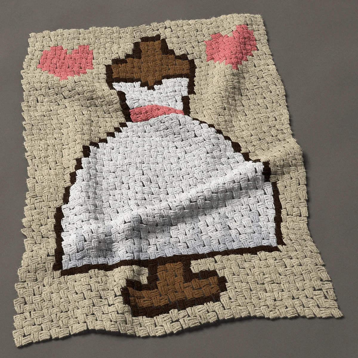 A baby blanket worked corner to corner, 29¼ by 39½ inches: White wedding dress on a dress form with two hearts, 39 by 53 blocks