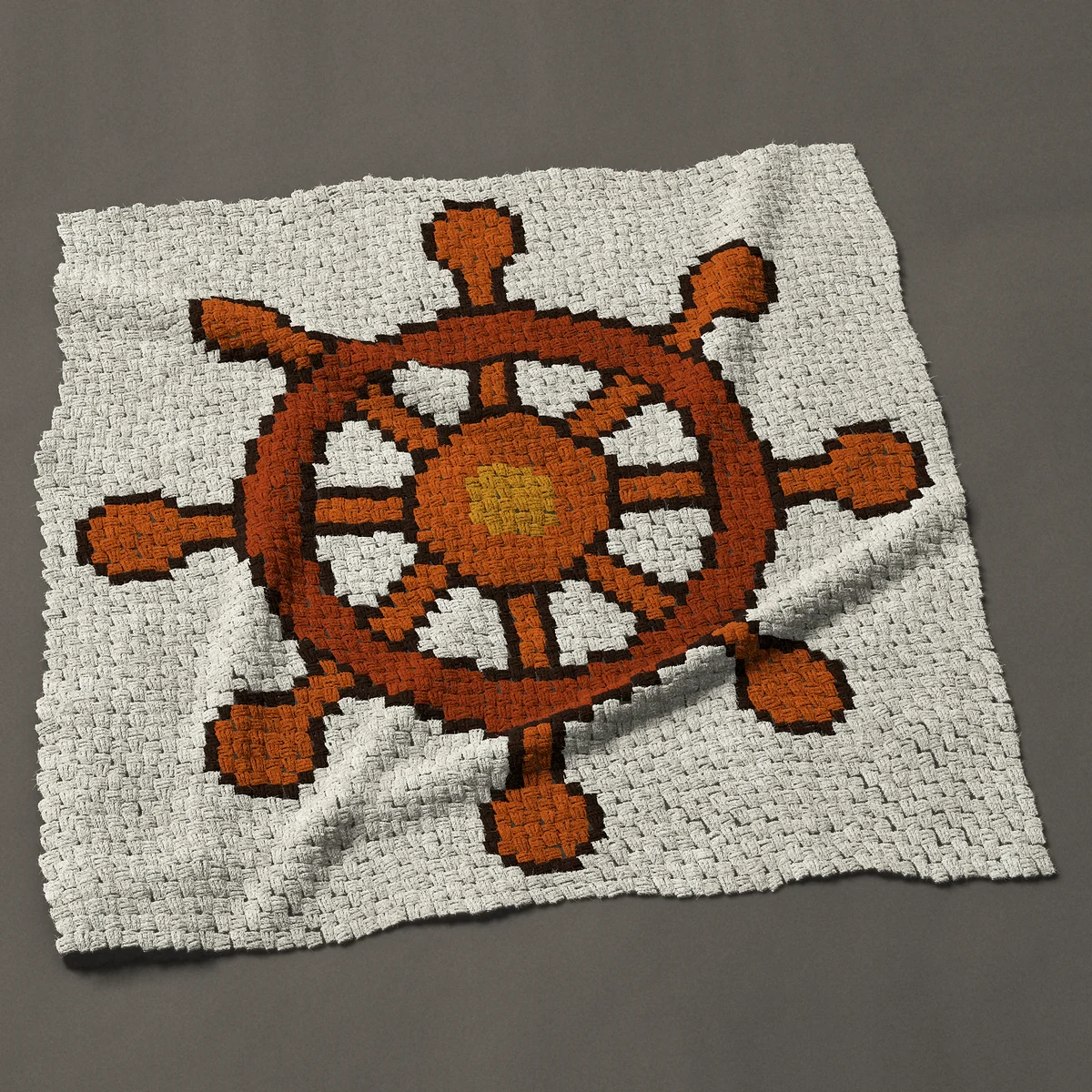 A panel worked corner to corner, 49½ by 49½ inches: Nautical ship's wheel with eight spokes and a brass hub, 66 by 66 blocks