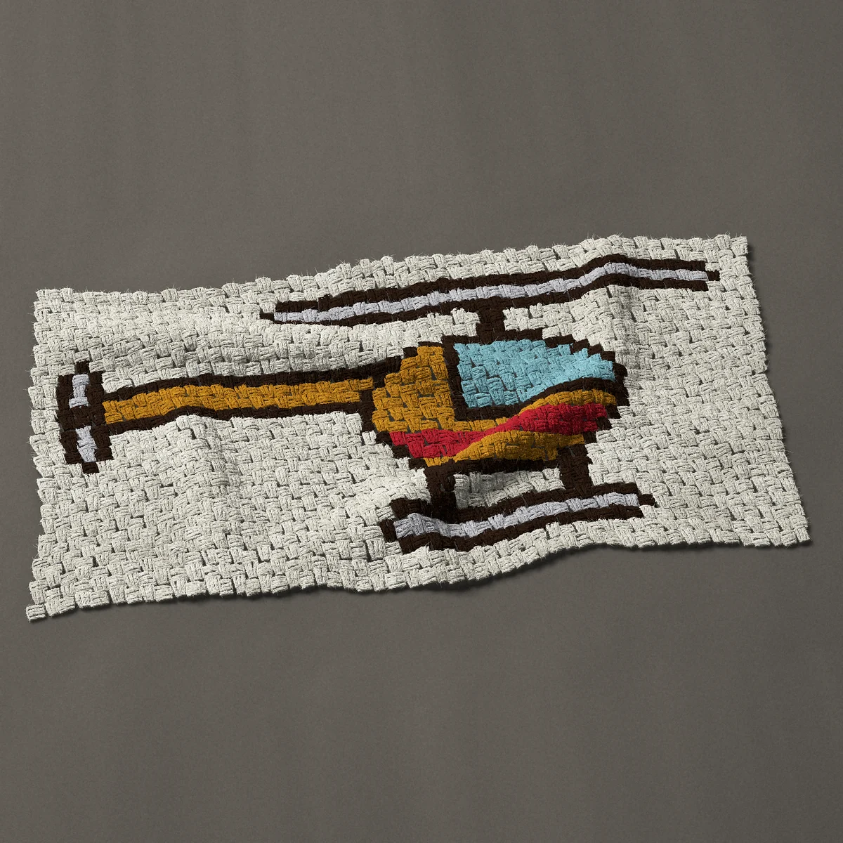 A panel worked corner to corner, 40½ by 21 inches: Yellow helicopter with a red stripe, side view, 54 by 28 blocks