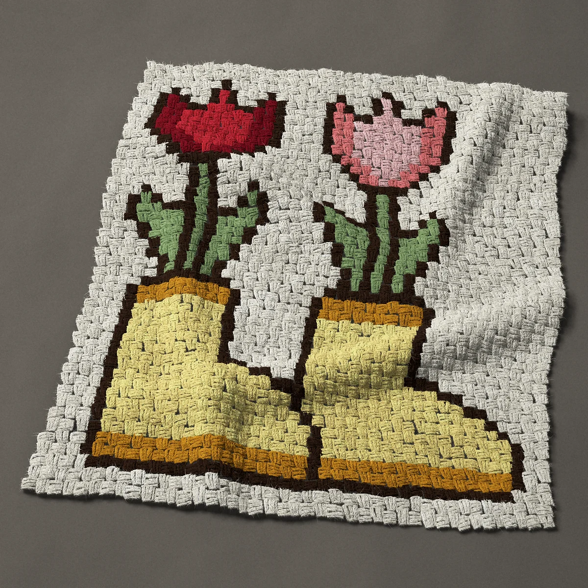A panel worked corner to corner, 31½ by 36 inches: Yellow rain boots (wellies) planted with two tulips, 42 by 48 blocks