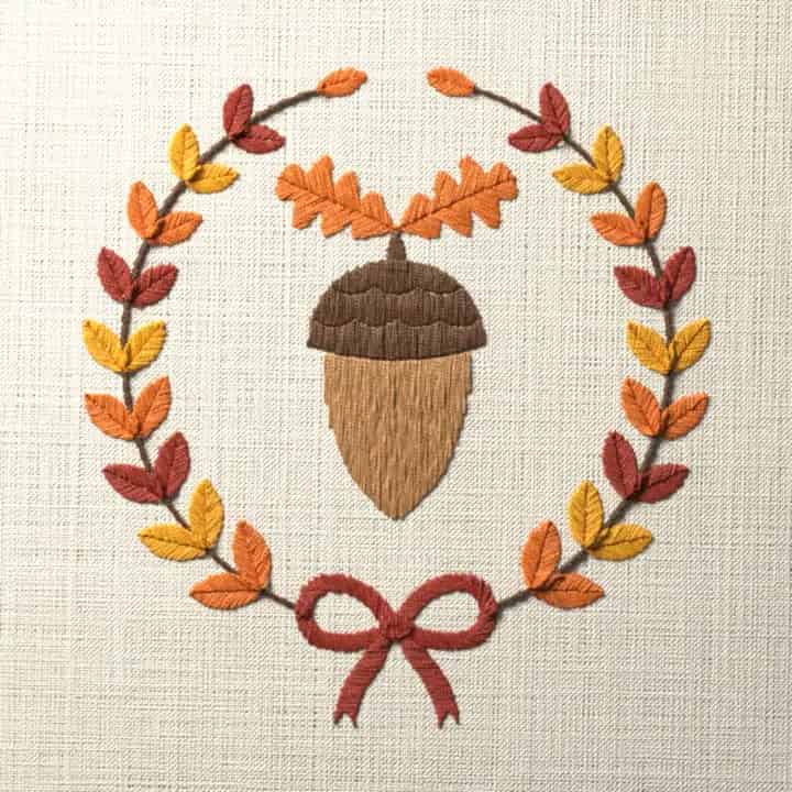 Acorn in autumn laurel: preview of the stitched design