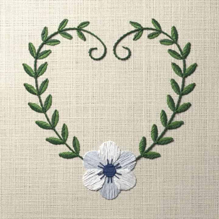 Anemone vine heart: preview of the stitched design