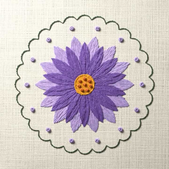 Aster coaster: preview of the stitched design