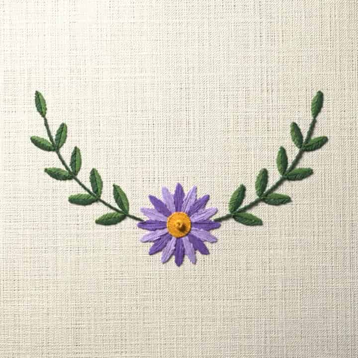 Aster crescent spray: preview of the stitched design