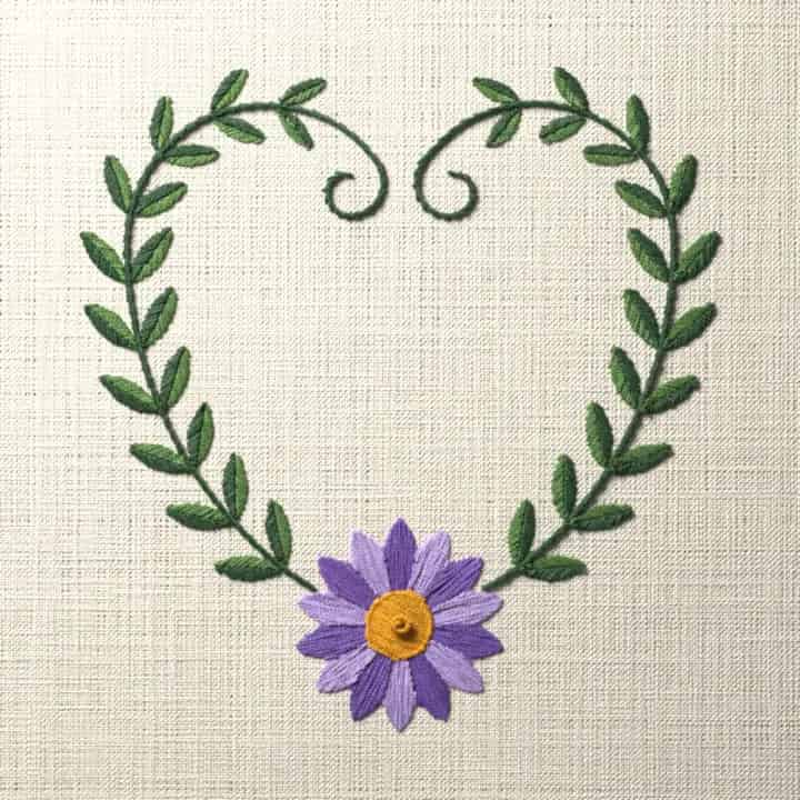 Aster vine heart: preview of the stitched design