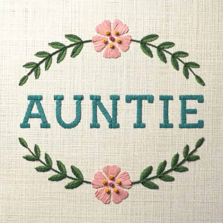 Auntie in laurel: preview of the stitched design