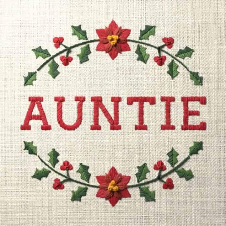 Auntie in holly: preview of the stitched design