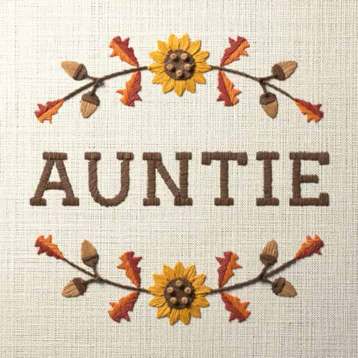 Auntie in oak leaves: preview of the stitched design