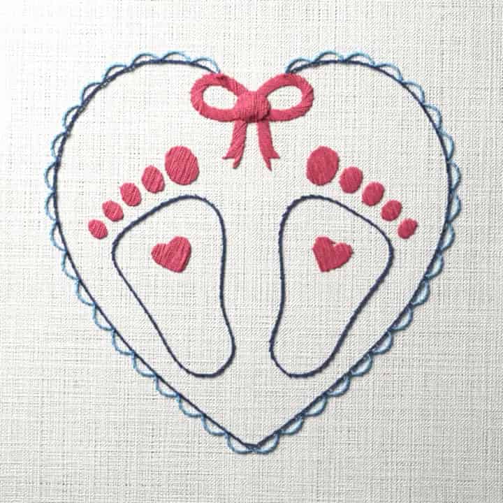 Baby footprints in a heart: preview of the stitched design