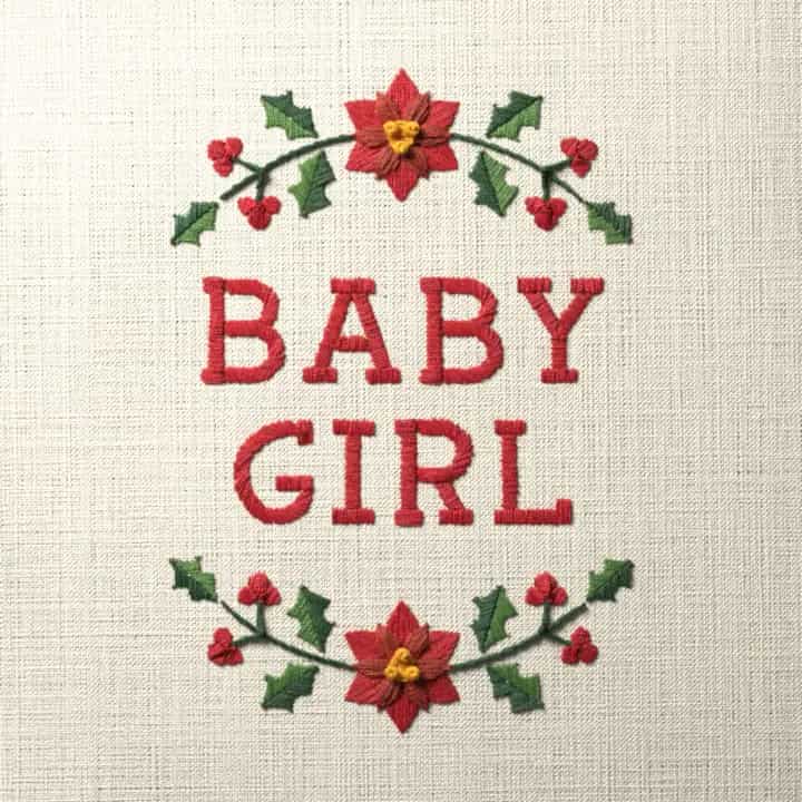 Baby girl in holly: preview of the stitched design