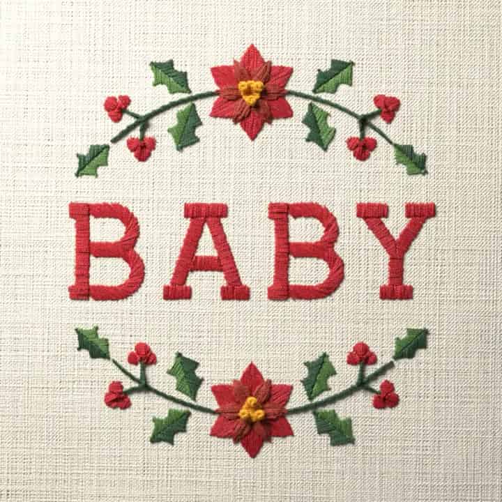 Baby in holly: preview of the stitched design