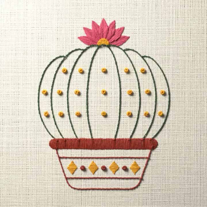 Barrel cactus in bloom: preview of the stitched design