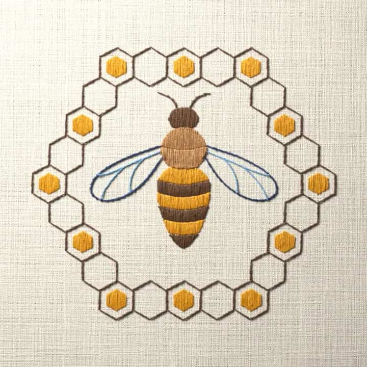 Bee in honeycomb ring: preview of the stitched design