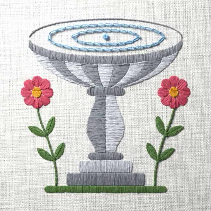 Birdbath with ripples and daisies: preview of the stitched design