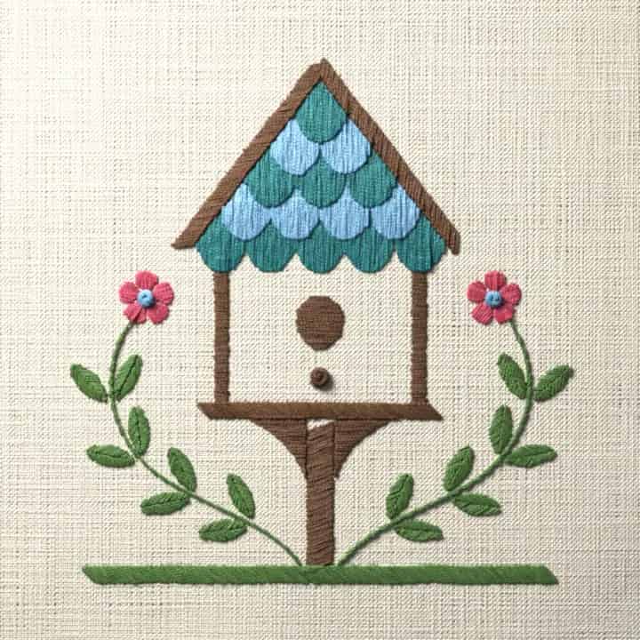 Birdhouse with climbing vine: preview of the stitched design