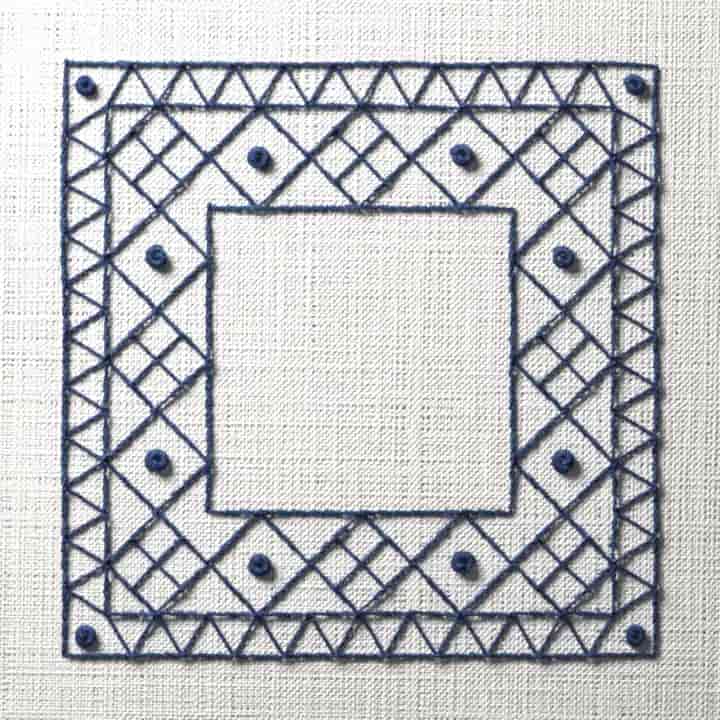 Blackwork diamond frame: preview of the stitched design