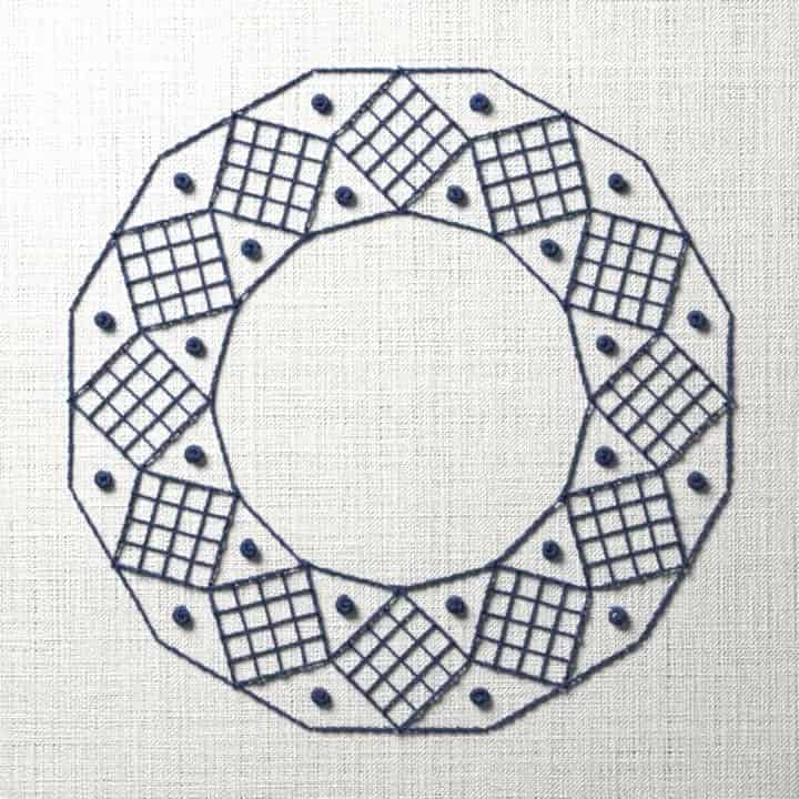 Blackwork wreath of twelve squares: preview of the stitched design
