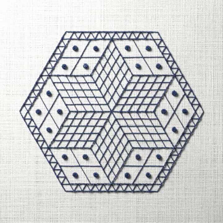 Blackwork star in a hexagon: preview of the stitched design