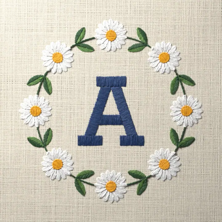 Block letter daisy ring monogram, letter A: preview of the stitched design