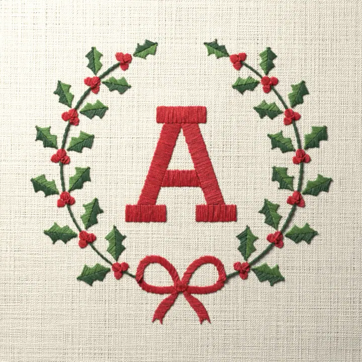 Block letter holly monogram, letter A: preview of the stitched design