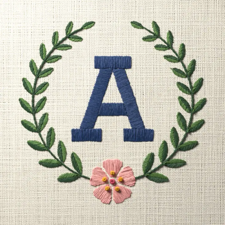 Block letter laurel monogram, letter A: preview of the stitched design