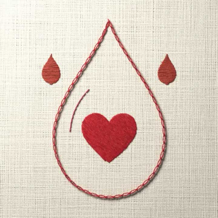 Blood drop with a heart: preview of the stitched design
