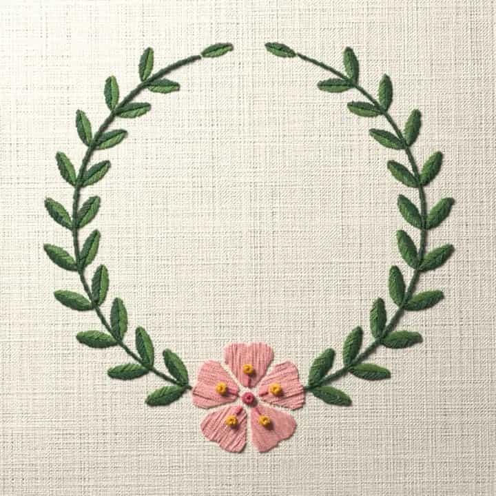 Blossom laurel wreath: preview of the stitched design