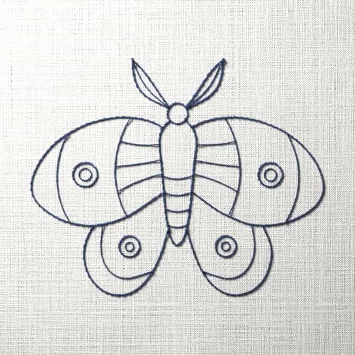Bluework moth with eye spots: preview of the stitched design