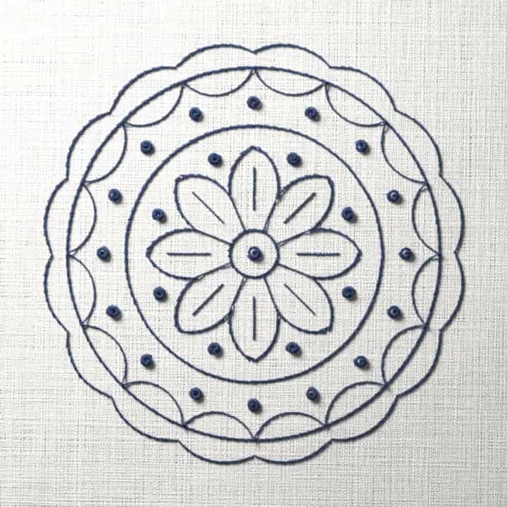 Bluework scalloped plate: preview of the stitched design