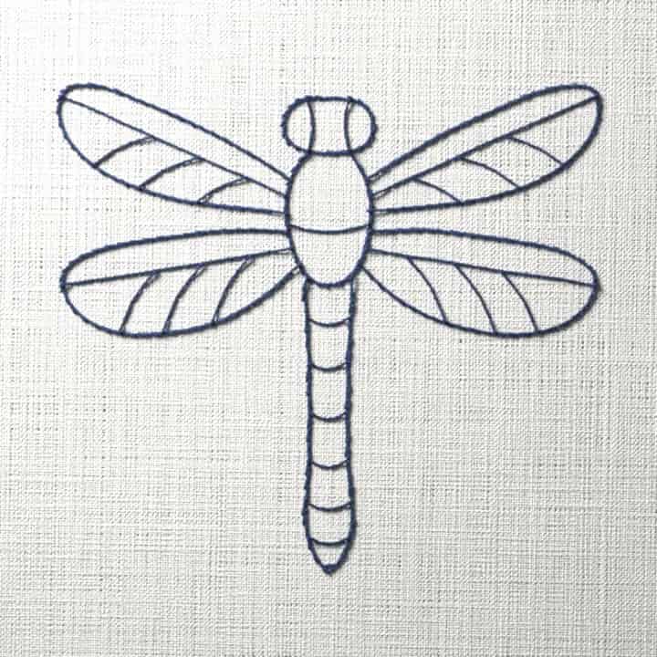 Bluework dragonfly with veined wings: preview of the stitched design