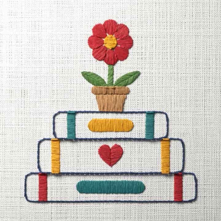 Book pile with a potted flower: preview of the stitched design