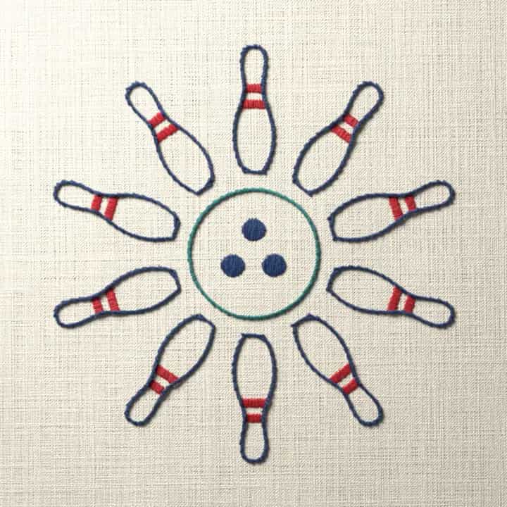 Bowling ball ringed by ten pins: preview of the stitched design