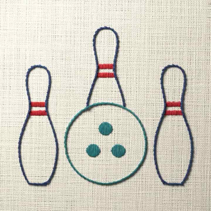 Bowling pins and ball: preview of the stitched design