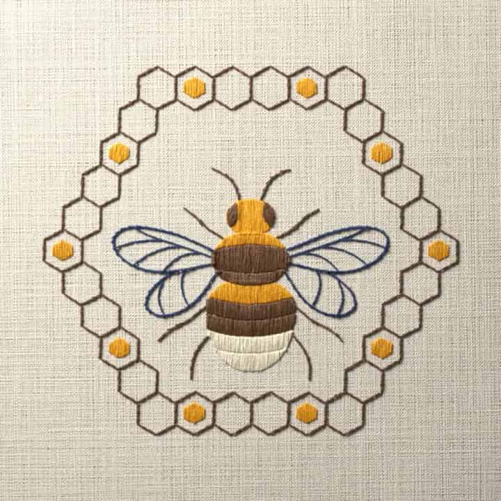 Bumblebee in honeycomb hexagon: preview of the stitched design